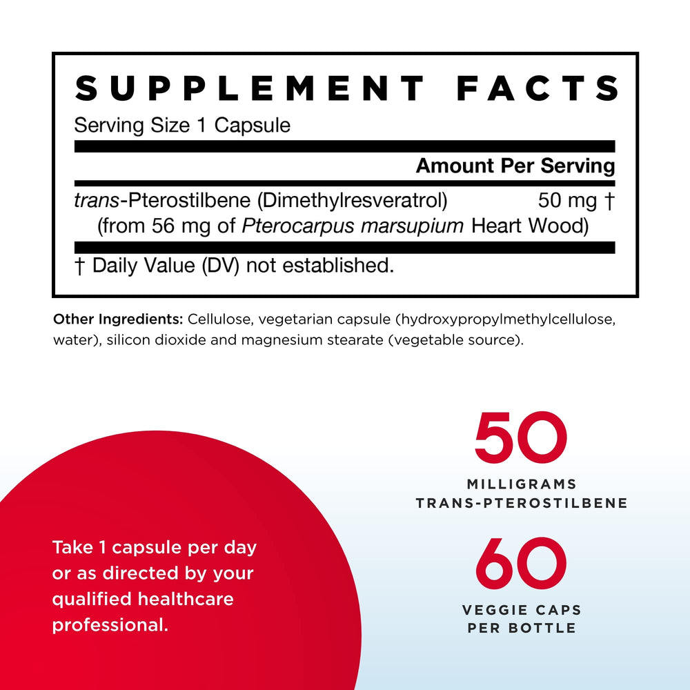Jarrow Formulas trans-Pterostilbene bottle back with dosage details for clarity