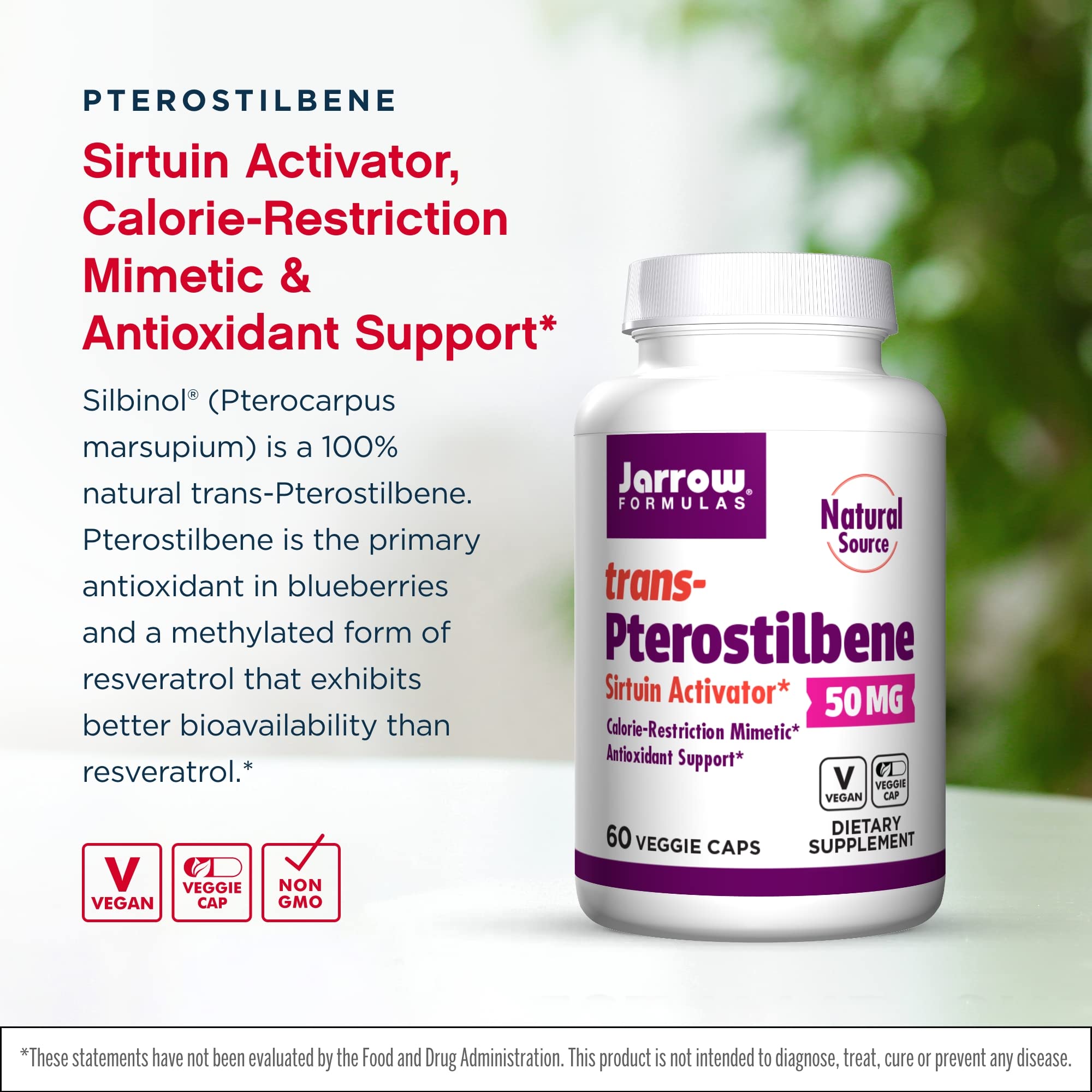 Jarrow Formulas trans-Pterostilbene capsules are vegan-friendly and easy to swallow