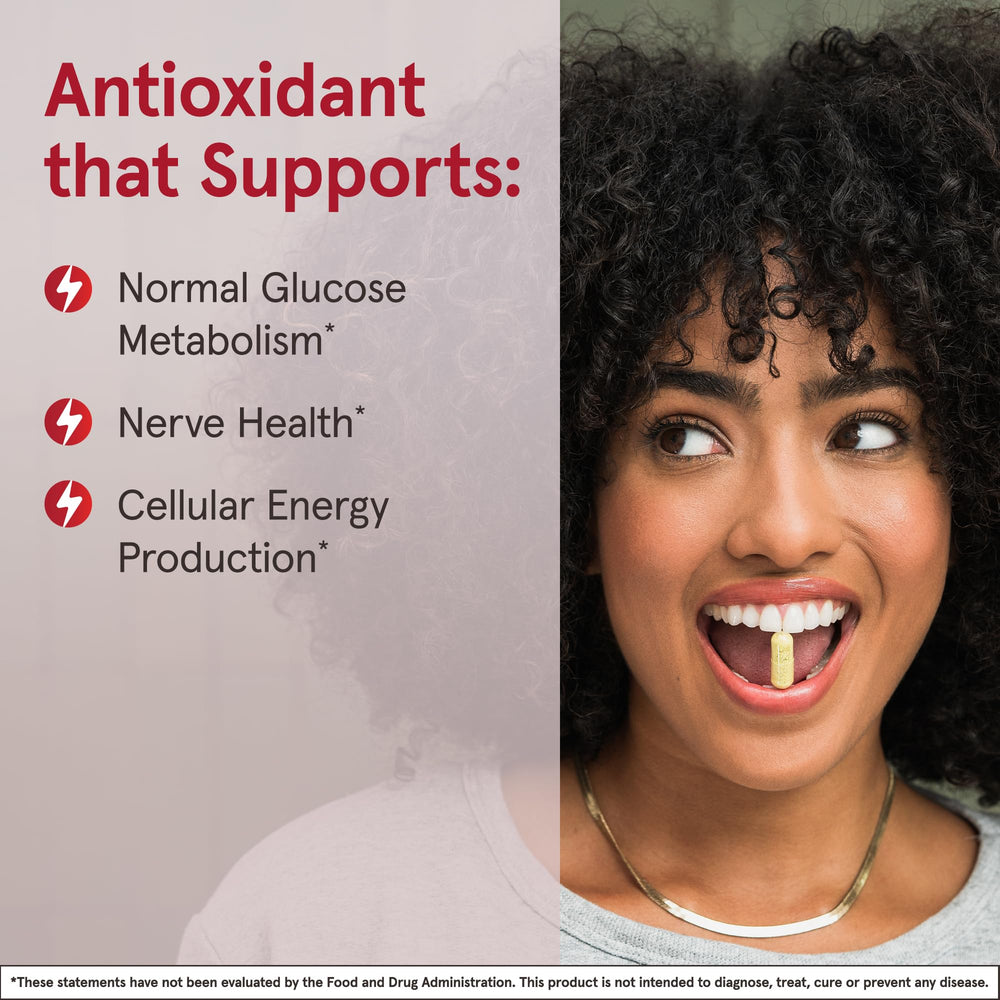 Label close-up shows biotin and bilayer tablet technology for steady ALA levels.