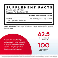 Close-up of Jarrow Formulas Vitamin D3 2500 IU softgels emphasizing potency