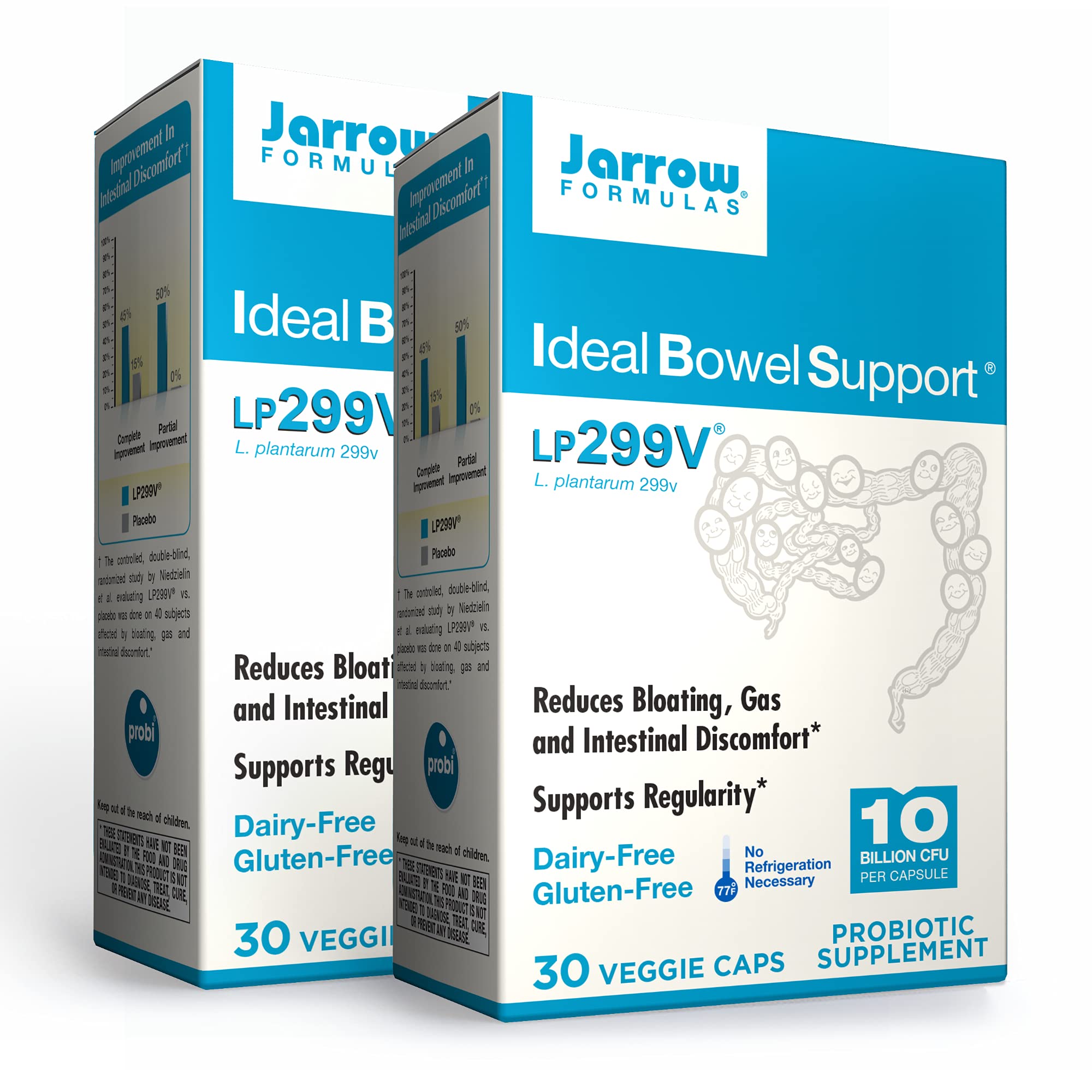 Jarrow Ideal Bowel Support bottle front view with capsules for gut comfort