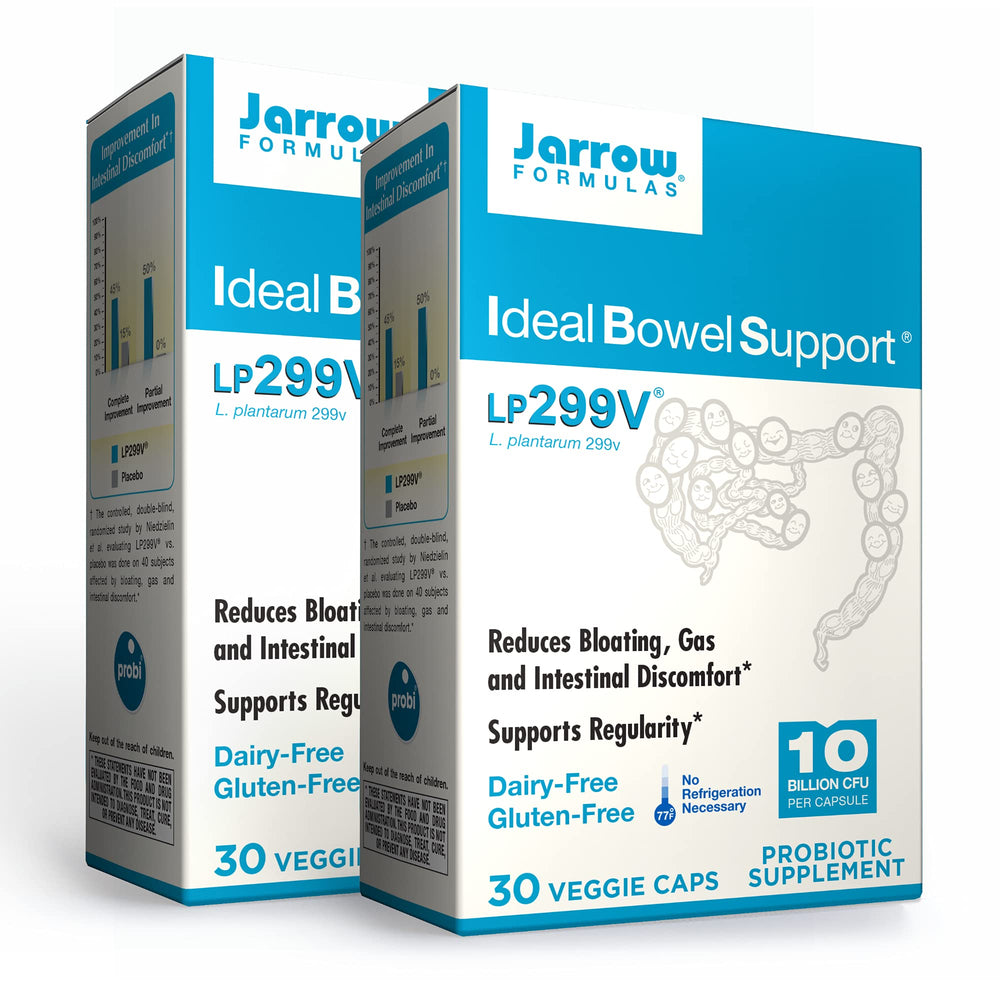 Jarrow Ideal Bowel Support bottle front view with capsules for gut comfort