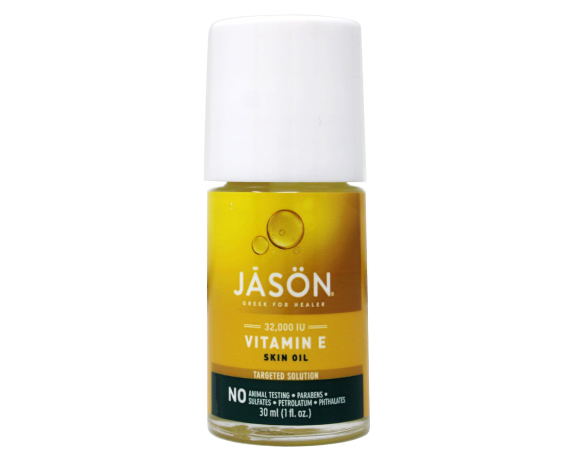 Jason Vitamin E 32000 IU bottle with wand for precise application on skin.