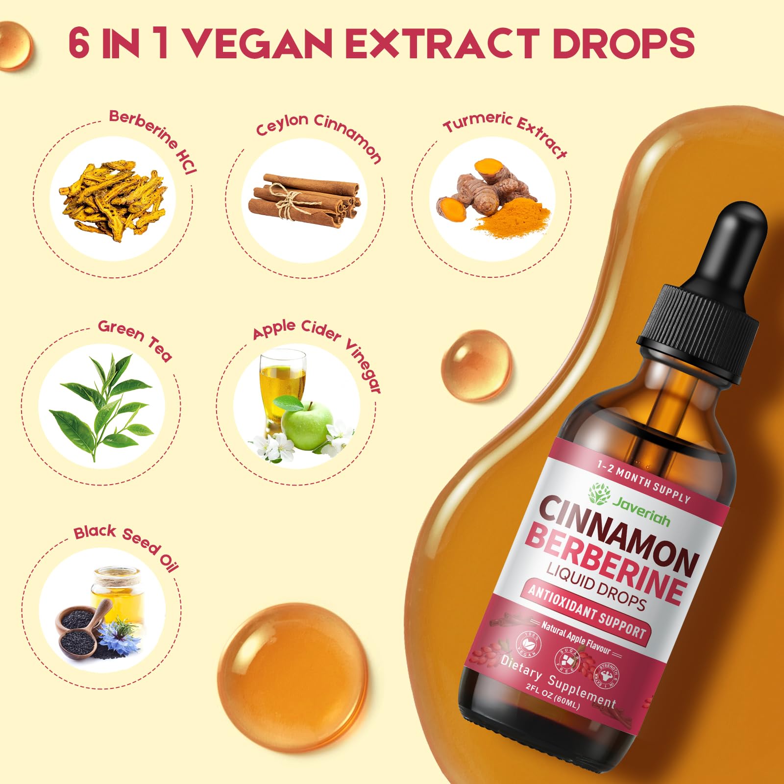 Javeriah Berberine Cinnamon Drops highlight cinnamon-infused formula for daily wellness.