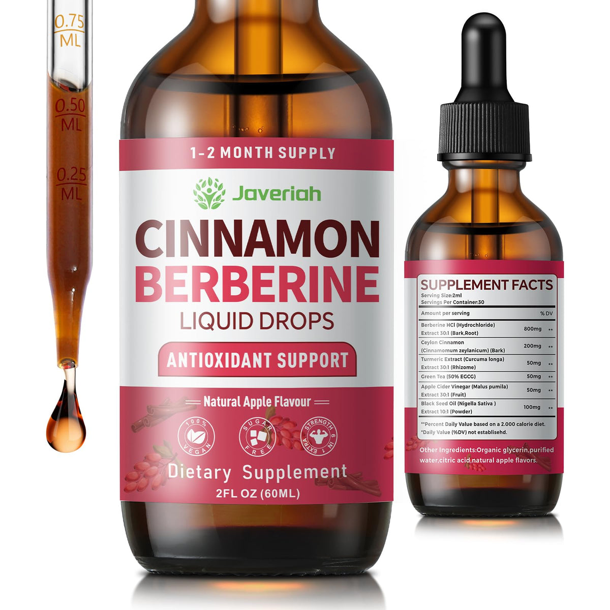 Javeriah Berberine Drops bottle showing the vegan blend for daily digestive balance.