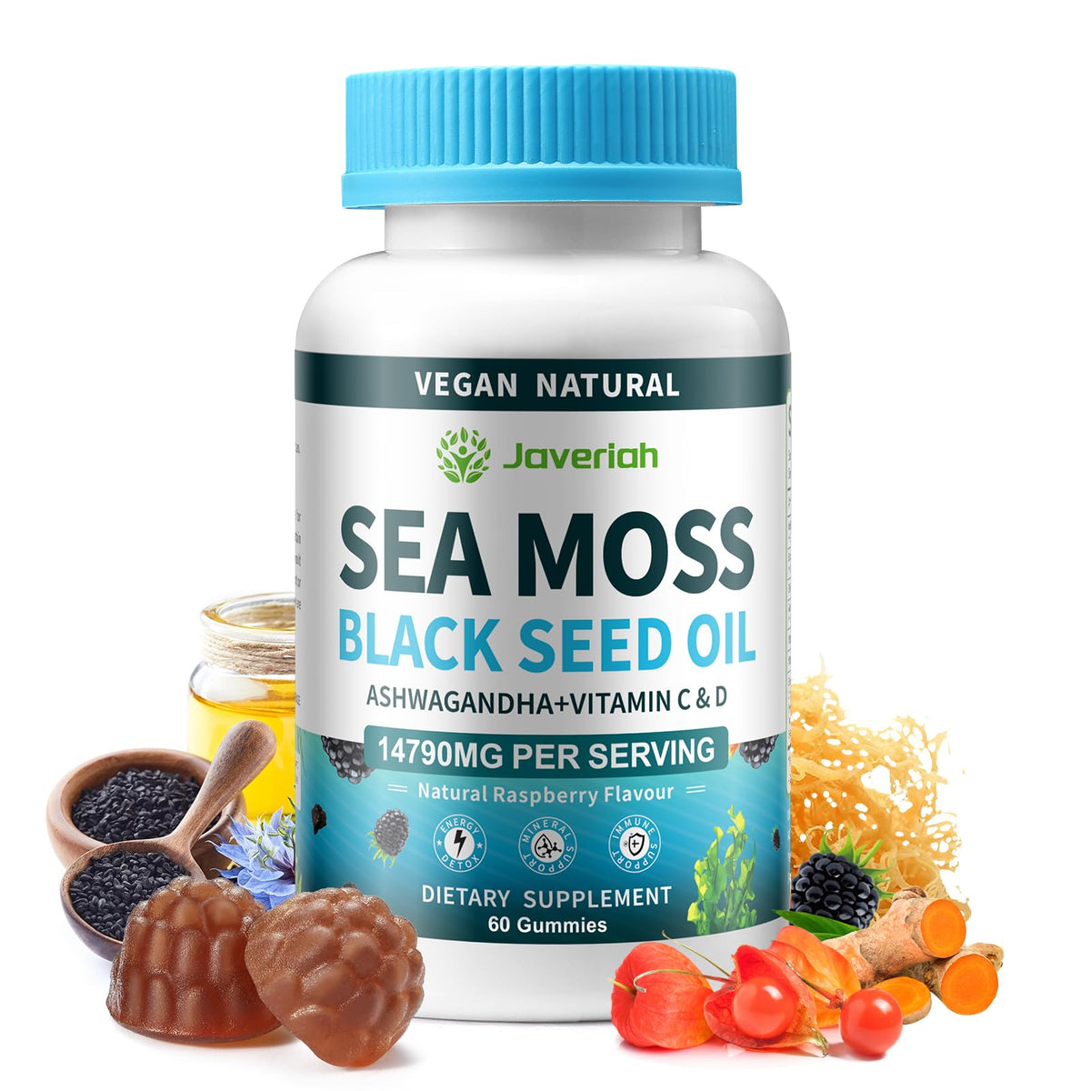 Javeriah vegan sea moss gummies pack shot emphasizing immune support