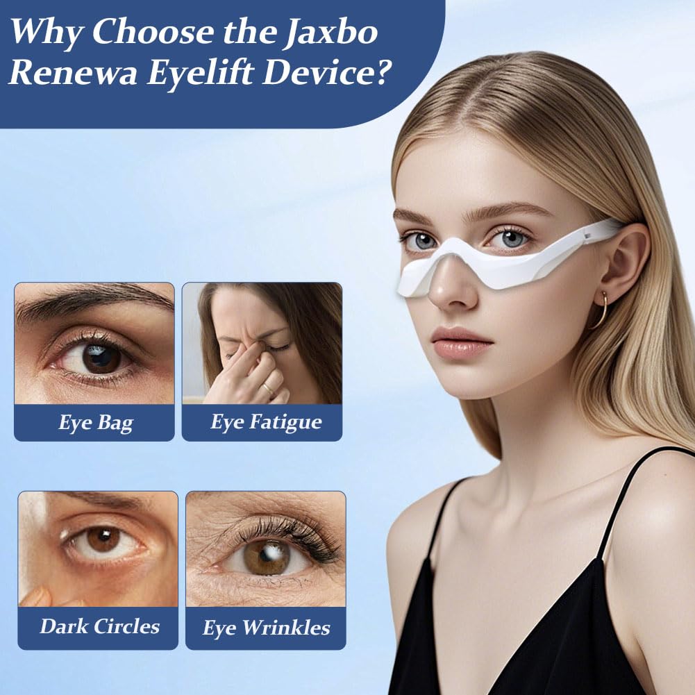 Jaxbo microcurrent eye massage illustrating gentle stimulation to ease fatigue