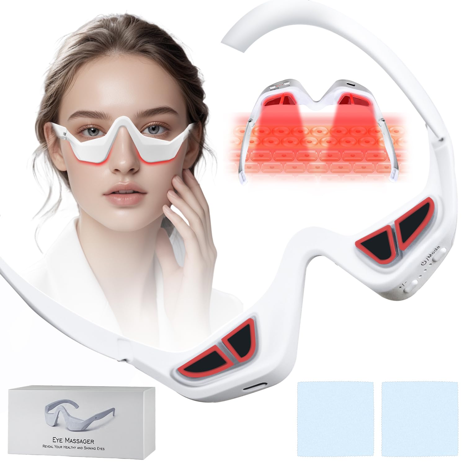Jaxbo under eye device closeup showing red light therapy for refreshed eyes after screen time