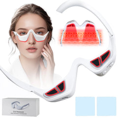 Jaxbo under eye device closeup showing red light therapy for refreshed eyes after screen time