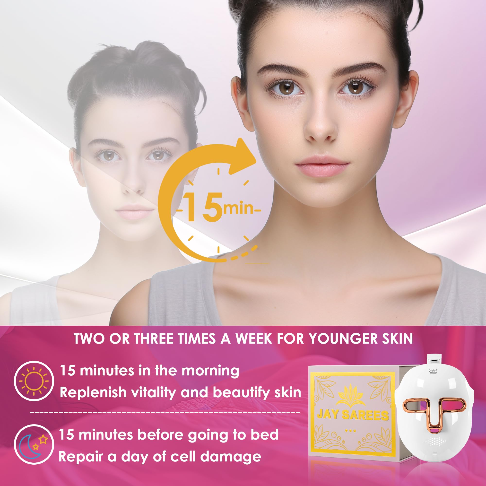 JAY SAREES easy-control mask with touch-button operation in gold.
