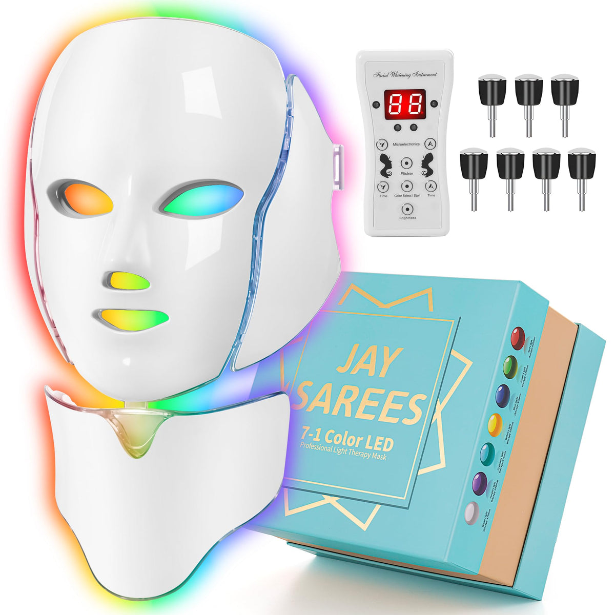 Jay Sarees red-light face mask showing seven color options for personalized care