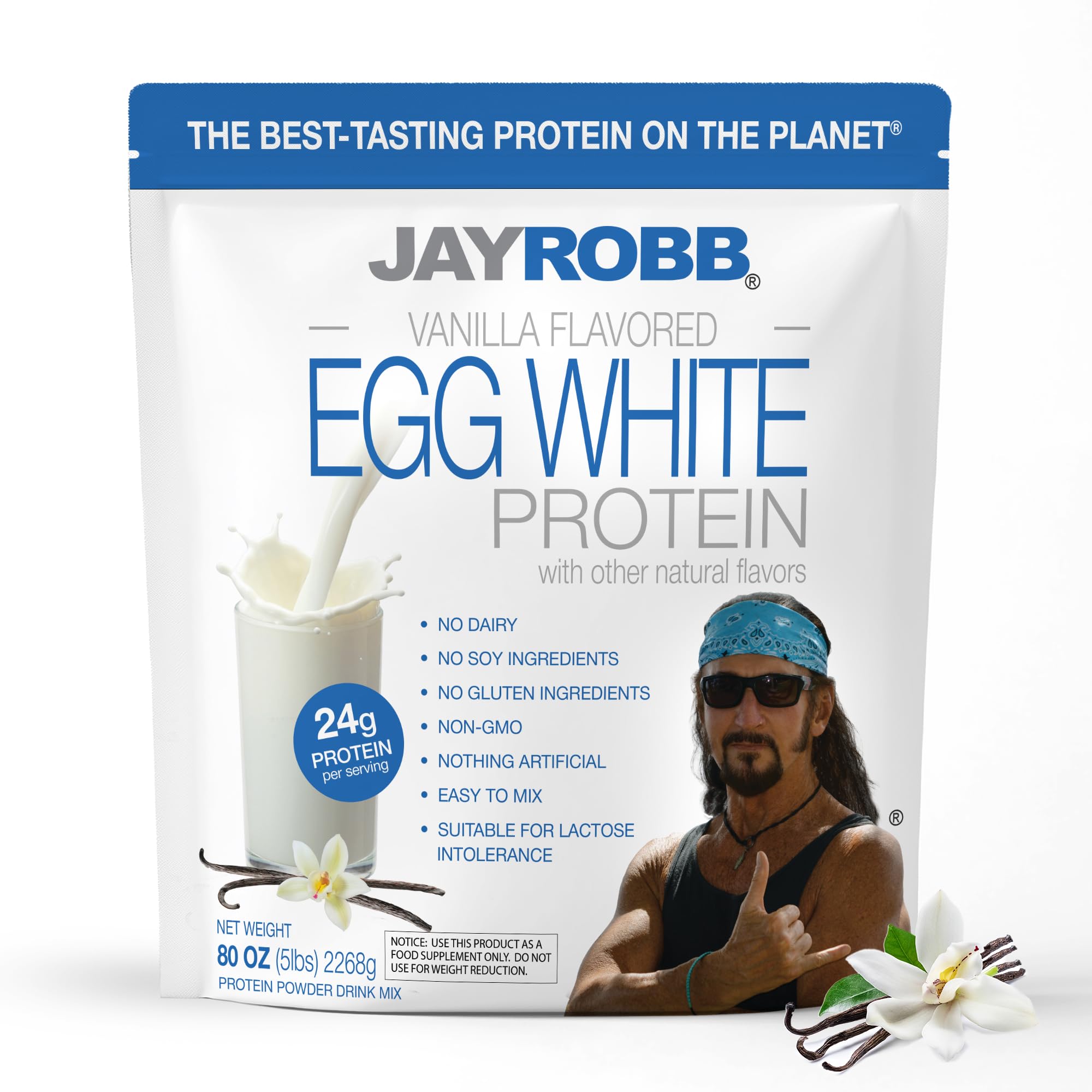 JAYROBB Vanilla Egg White Protein 80oz bag showing clean ingredients for daily shakes.
