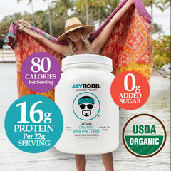 JAYROBB vanilla pea protein shake in mug, on-the-go.