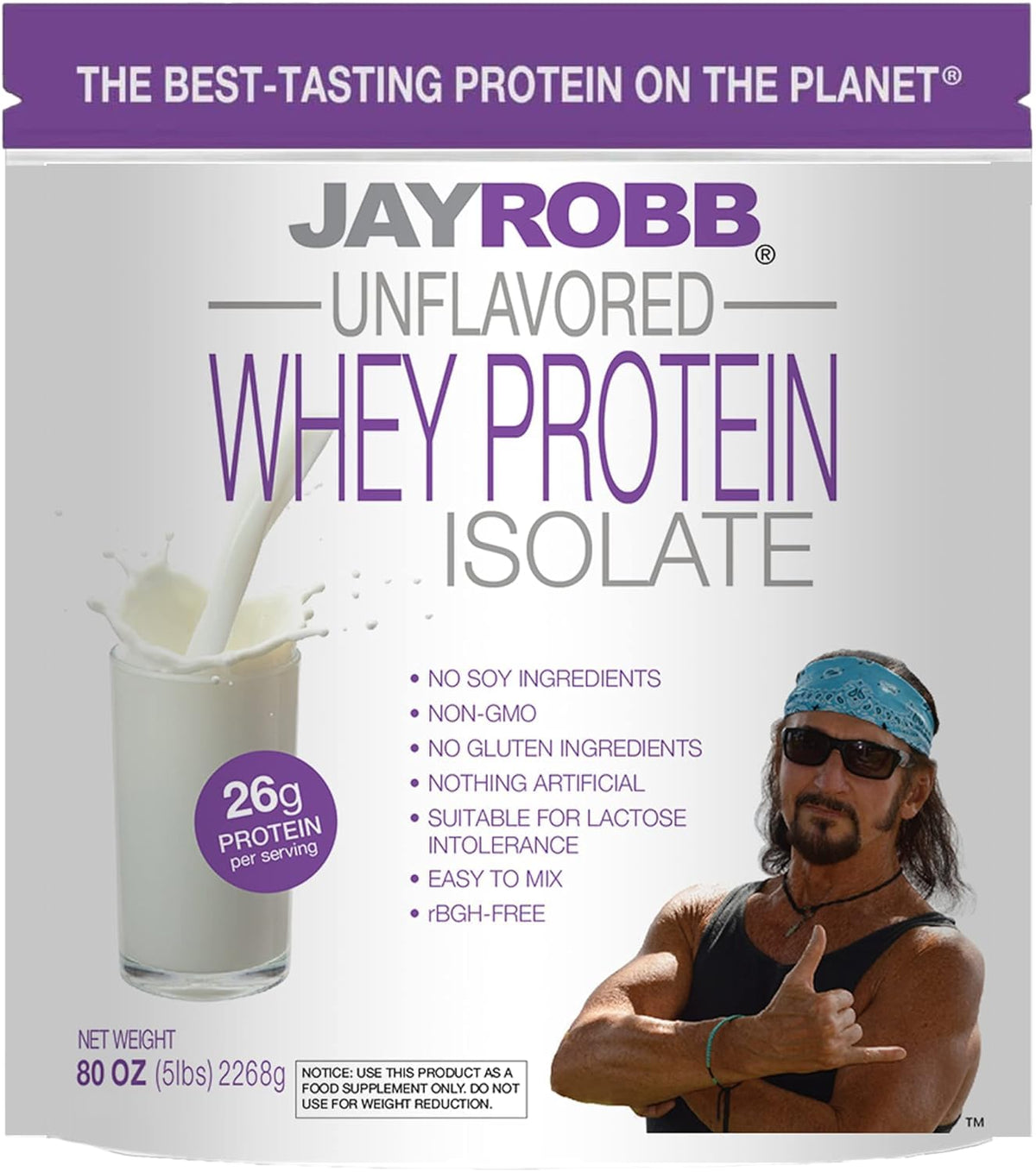 Proteína aislada Jay Robb en envase de 5 libras, sin sabor, ideal para batidos.