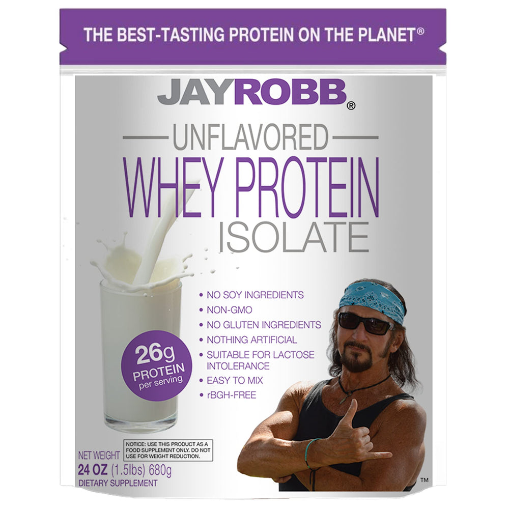 Packaging view of Jay Robb whey isolate unflavored for versatile daily protein