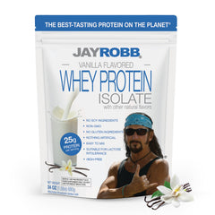JAYROBB Whey Protein Vanilla bottle emphasizes lactose- and casein-free formula.