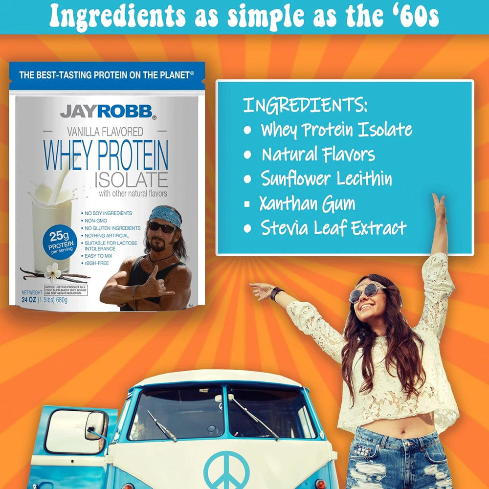 JAYROBB Whey Protein Vanilla container close-up highlights non-GMO ingredients.
