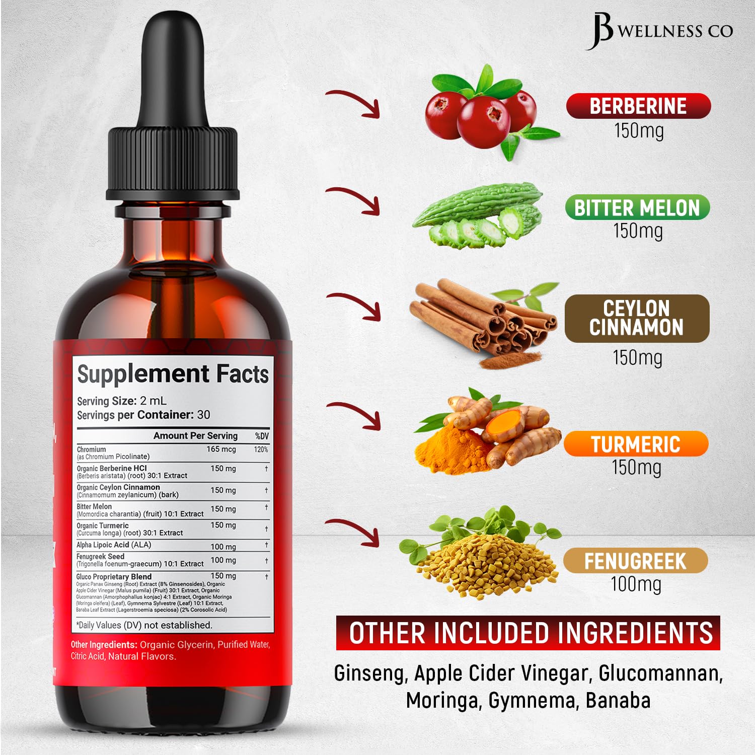 JB Wellness Co Berberine Cinnamon Drops dropper enabling precise dispensing.