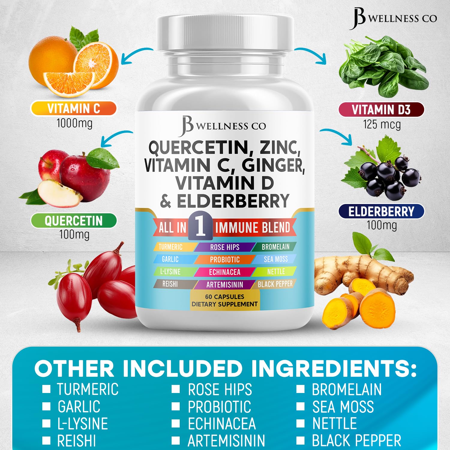 JB Wellness Co bottle on desk lifestyle shot showcasing a convenient 60-count bottle.