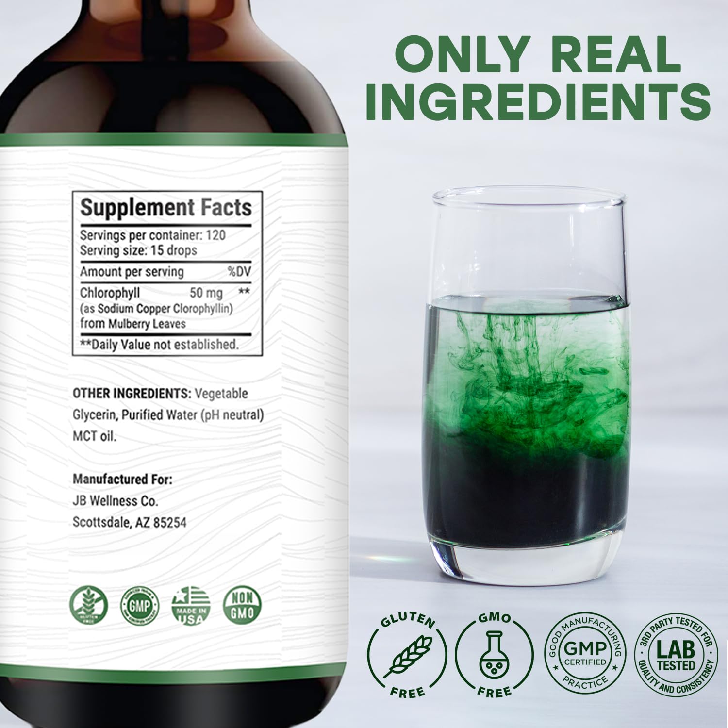 JB Wellness Co chlorophyll drops dispense facilitates precise, convenient dosing.