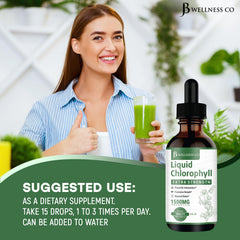JB Wellness Co glass with green chlorophyll liquid suggests energy.
