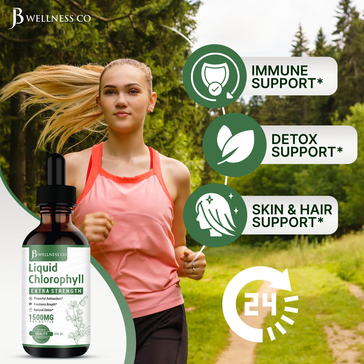 JB Wellness Co green juice-ready mix with water provides antioxidants and easy digestion.