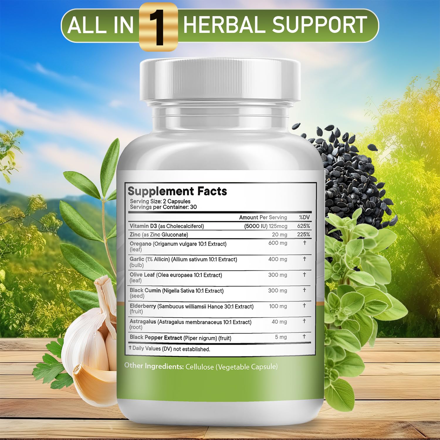 JB Wellness Co label close-up showing astragalus and black seed components.