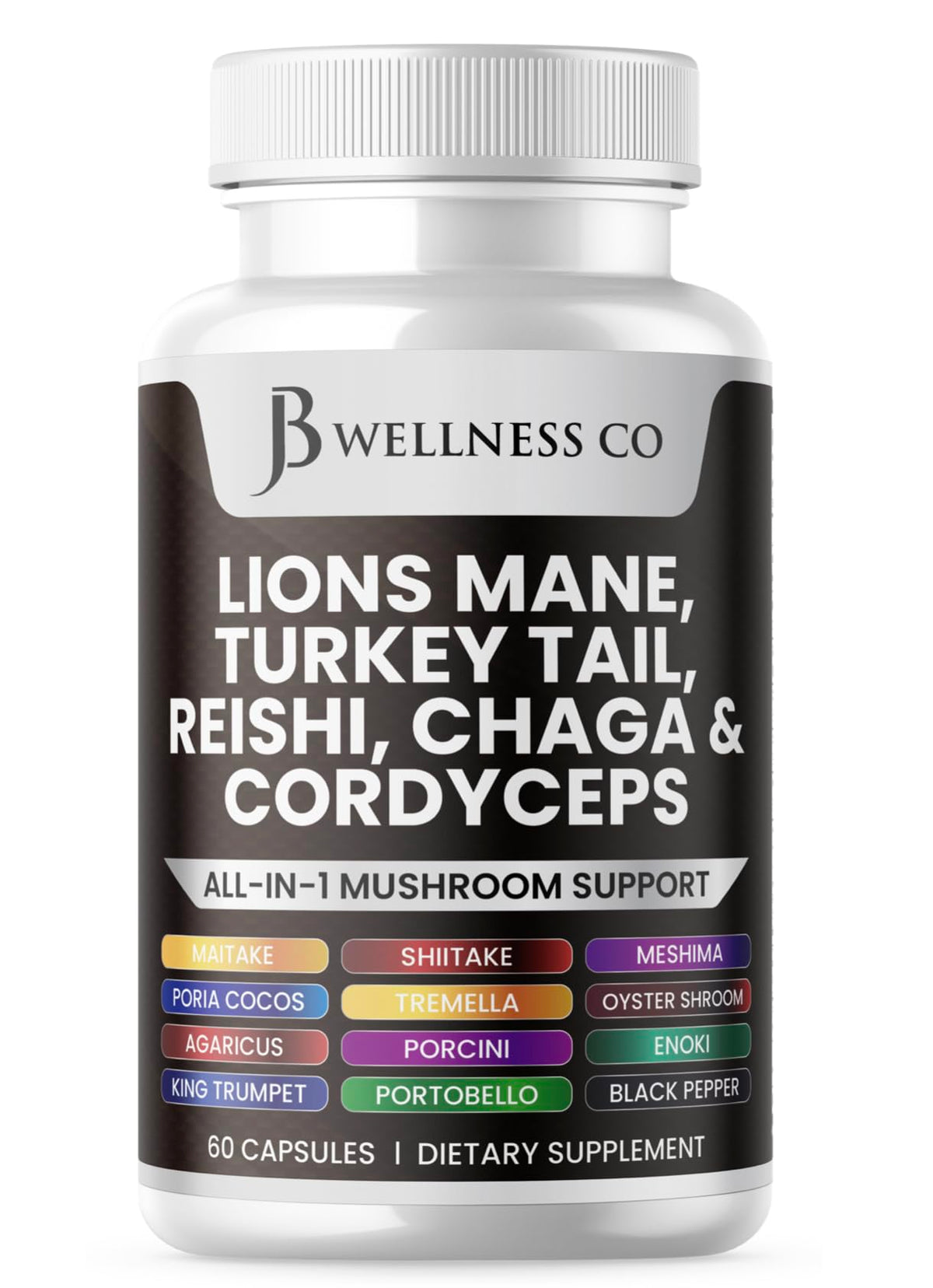 JB Wellness Co Lions Mane 20in1 bottle front supports daily cognitive focus.