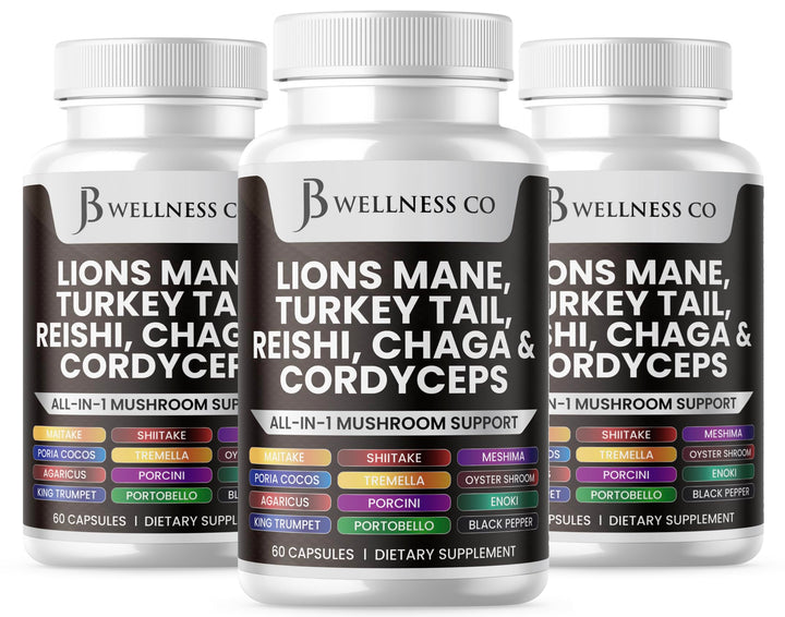 JB Wellness Co Lions Mane bottle close-up for cognitive support.
