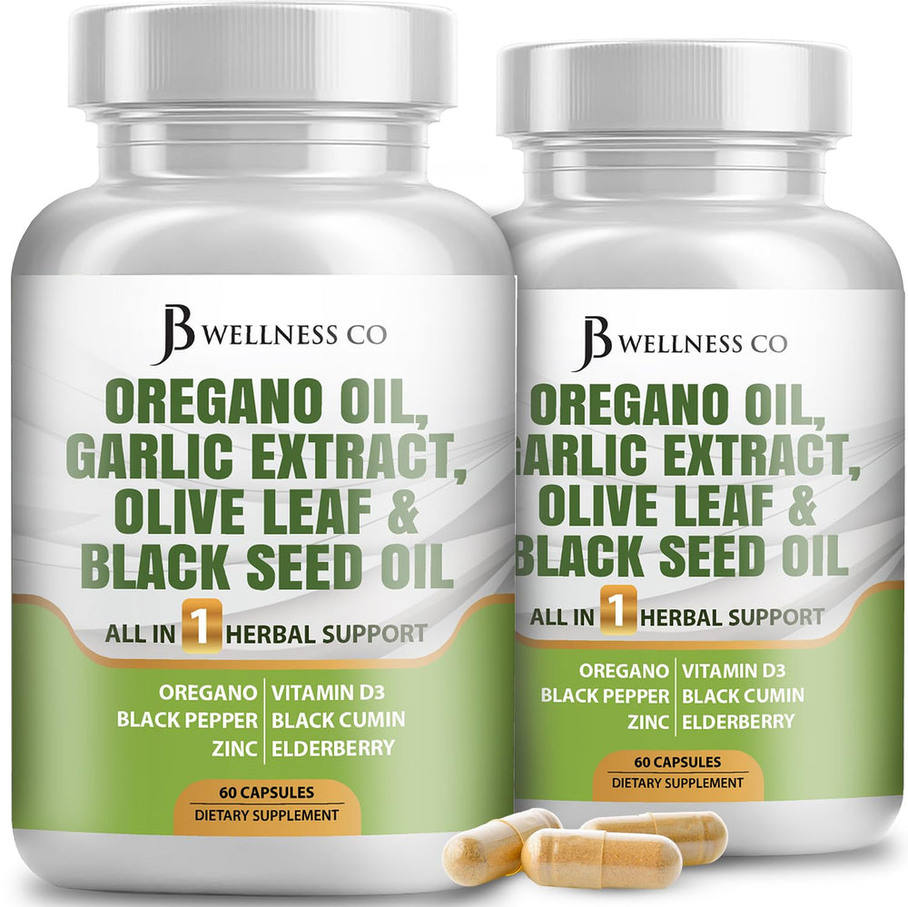 JB Wellness Co oregano-oil-garlic-olive-leaf bottle for daily immune support.
