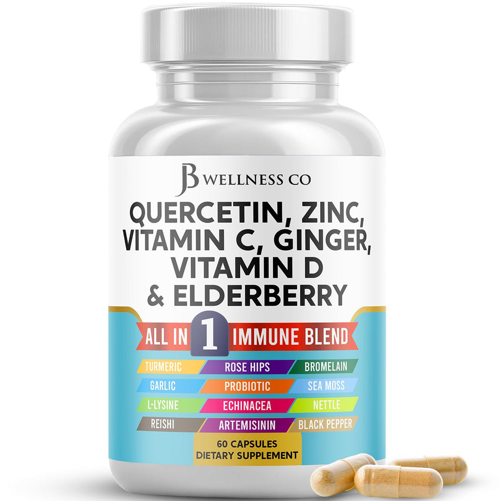 JB Wellness Co quercetin zinc vitamin C vitamin D bottle front for daily immune support.