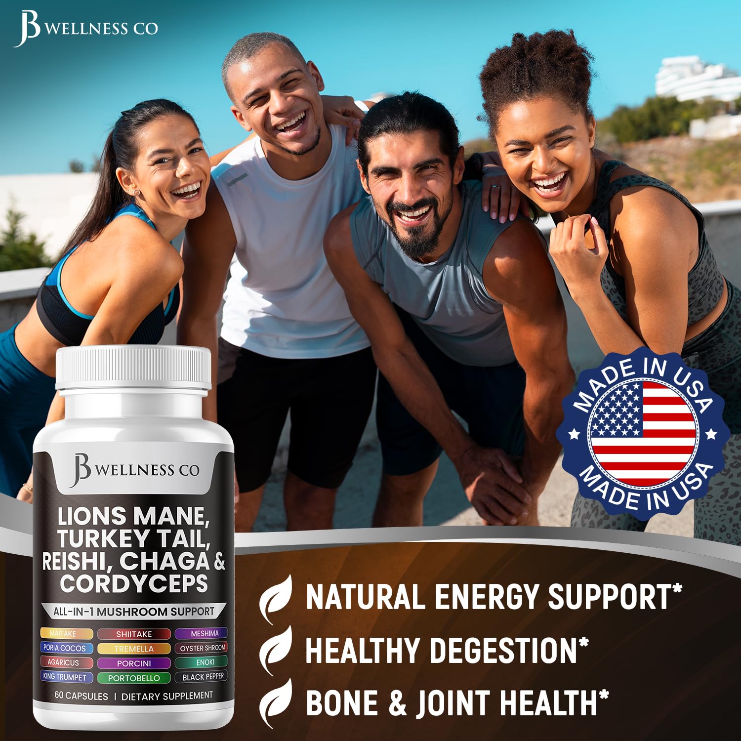 JB Wellness Co reishi chaga cordyceps blend in powder form.