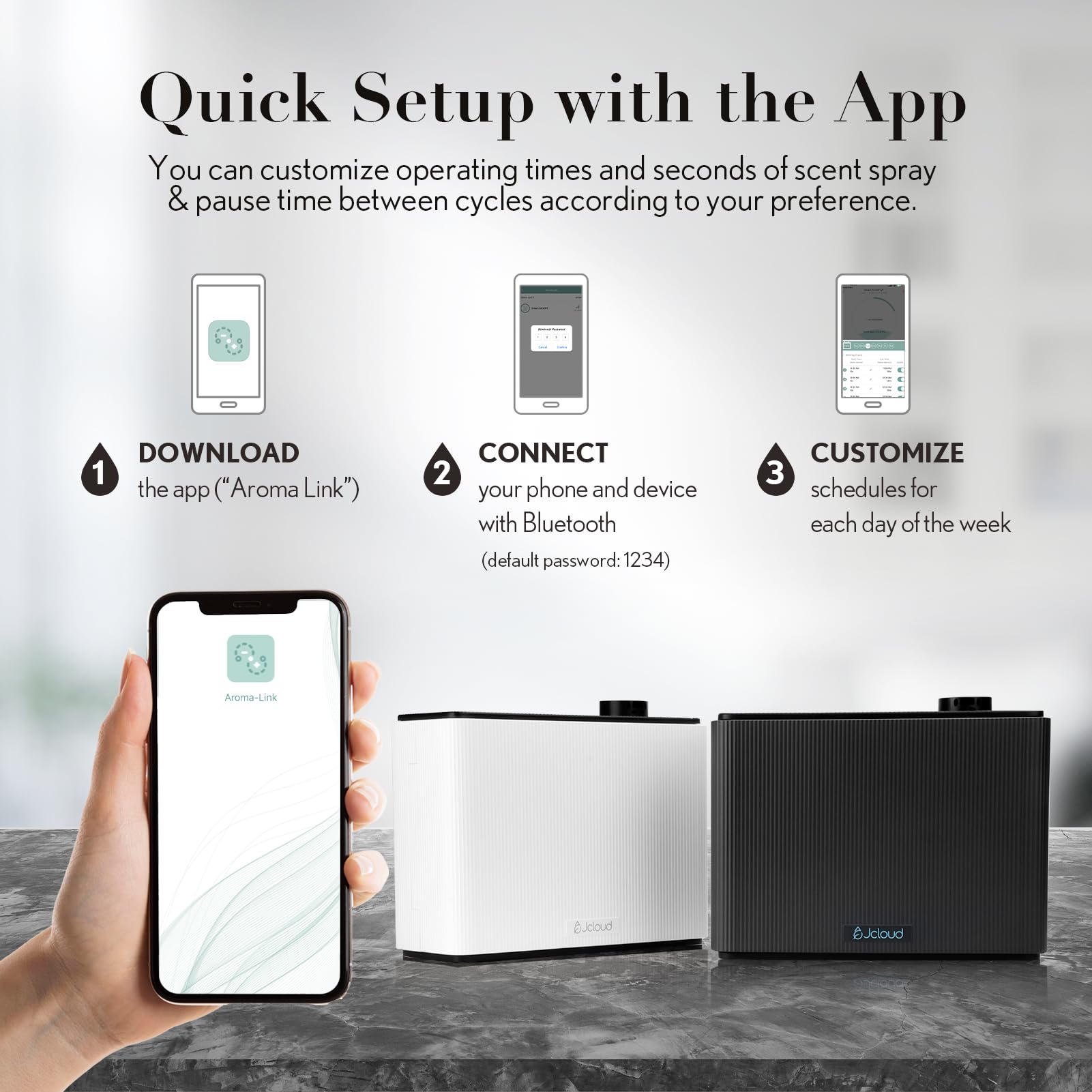 JCLOUD app-control interface enables quick scheduling and mood-based scent adjustments.