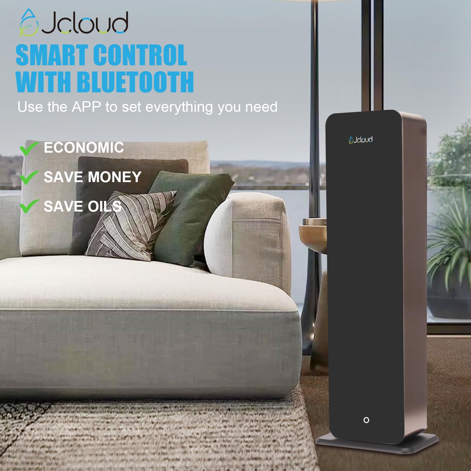 JCLOUD diffuser demonstrating 5000 sq ft scent coverage in a lobby setting
