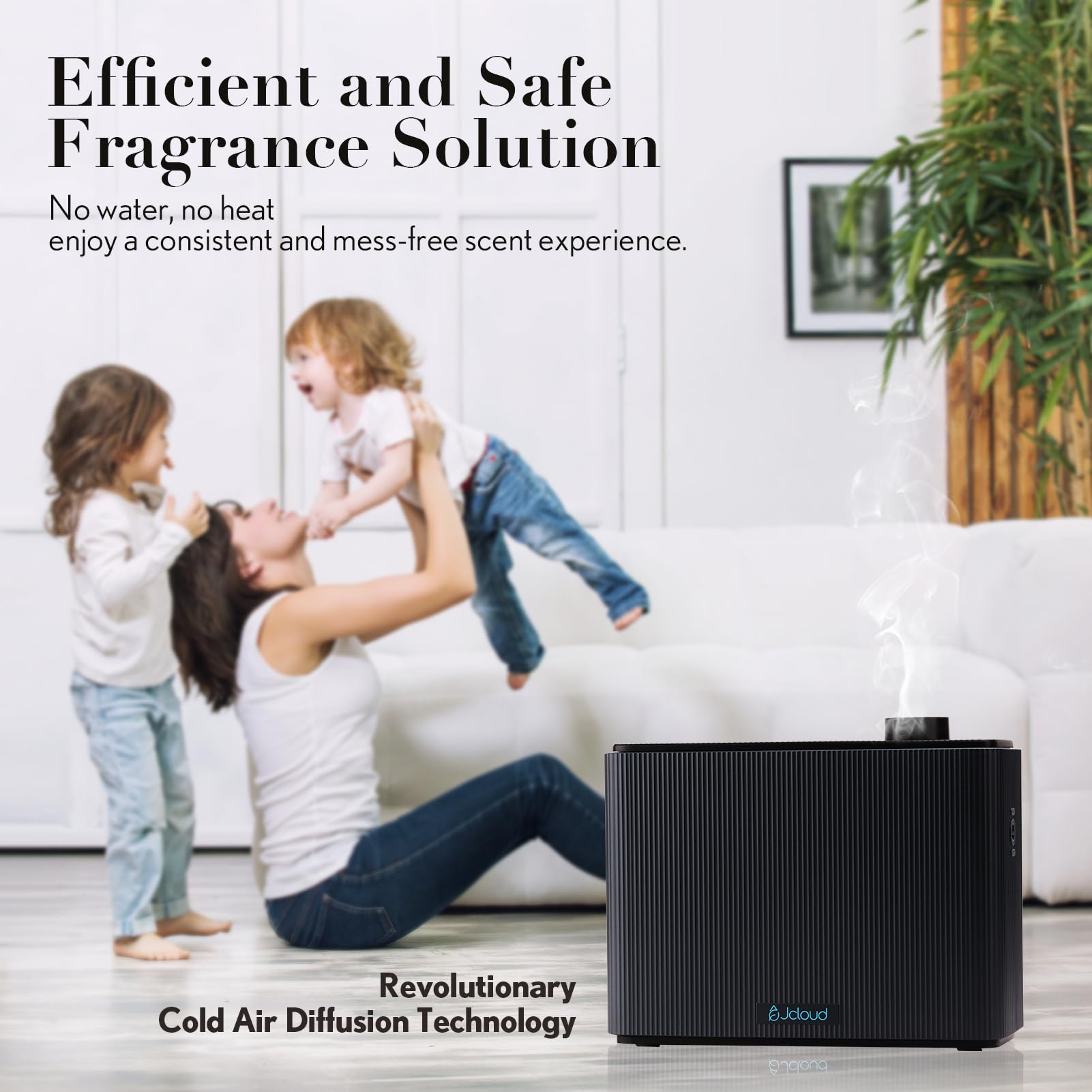 JCLOUD diffuser wall-mount option shows discreet, space-saving scenting.