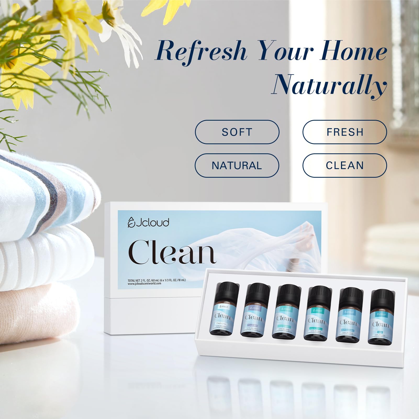 JCLOUD Fresh Linen blend bottle highlighting natural aroma for towels and bedding.