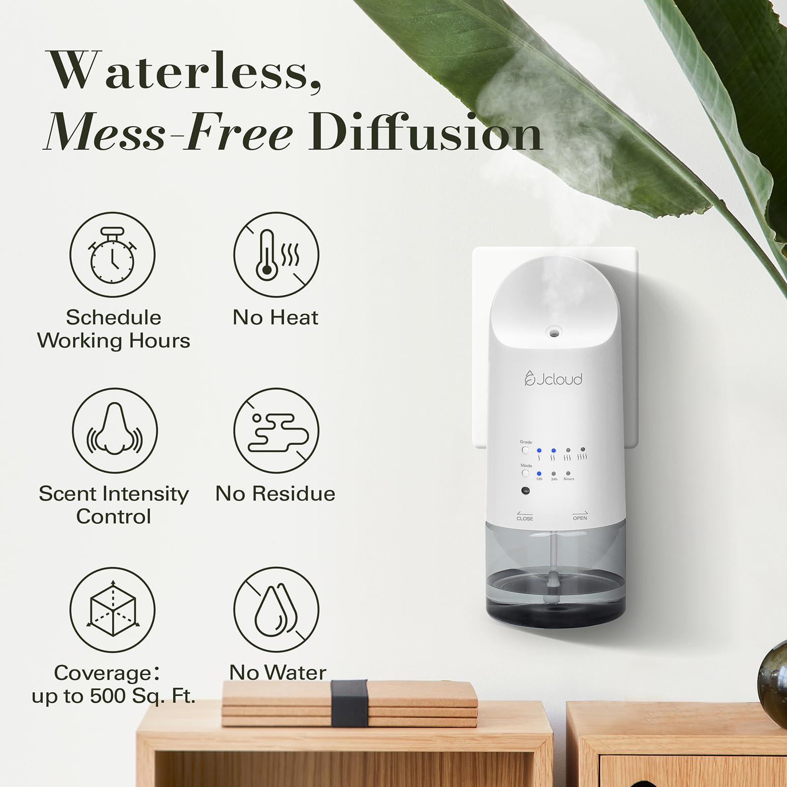 JCLOUD wall diffuser shows visible oil level for easy refills.