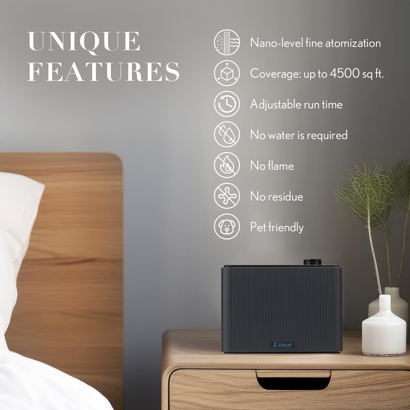 JCLOUD waterless cold-air diffusion preserves essential oils' integrity without dilution.