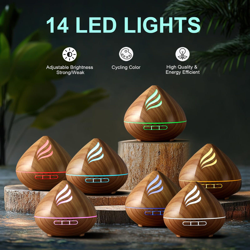 JcrAsZZF diffuser with 14-color LED lights enhances mood and ambience.