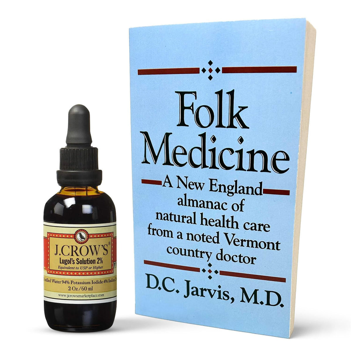 J.CROW'S Lugol's 2% iodine solution bottle for precise daily dosing.