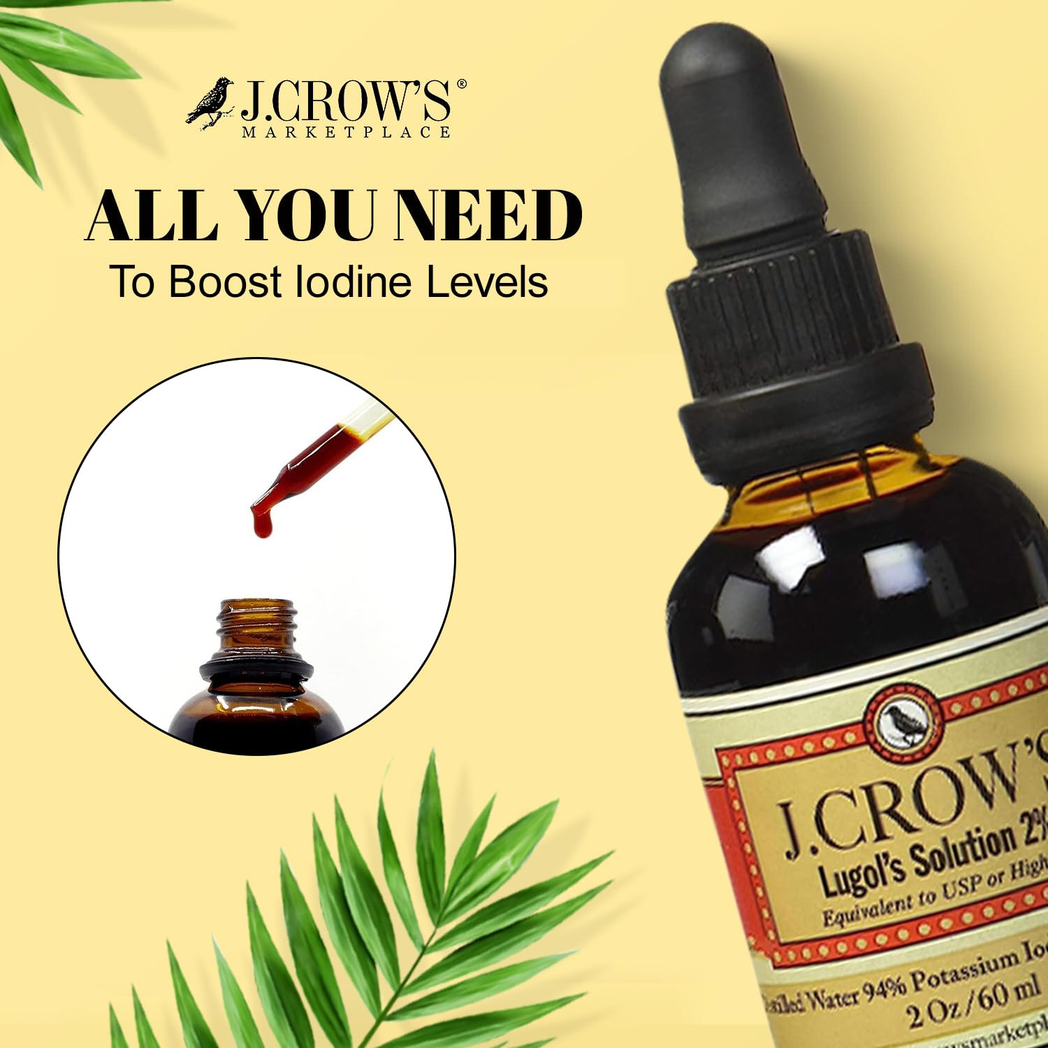 Close-up of the J.CROW'S Lugol's iodine label showing natural brine origin