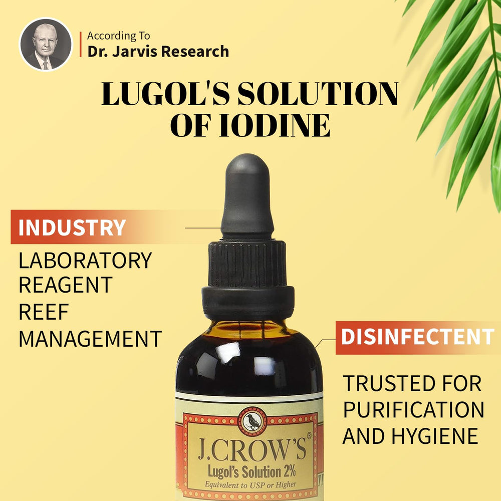 J.CROW'S Lugol's label close-up confirms ingredients and purity.