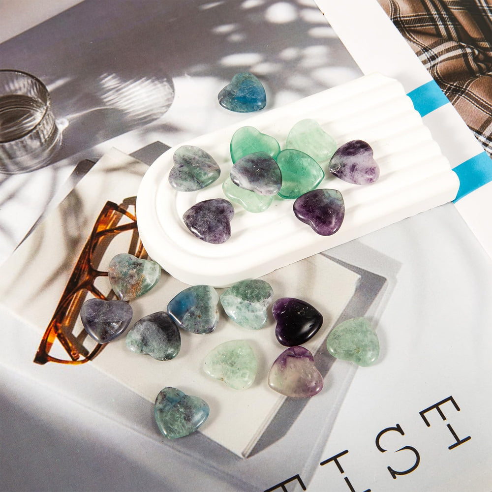 JDRGJTH fluorite heart stones provide visual focal points in meditation or work desks