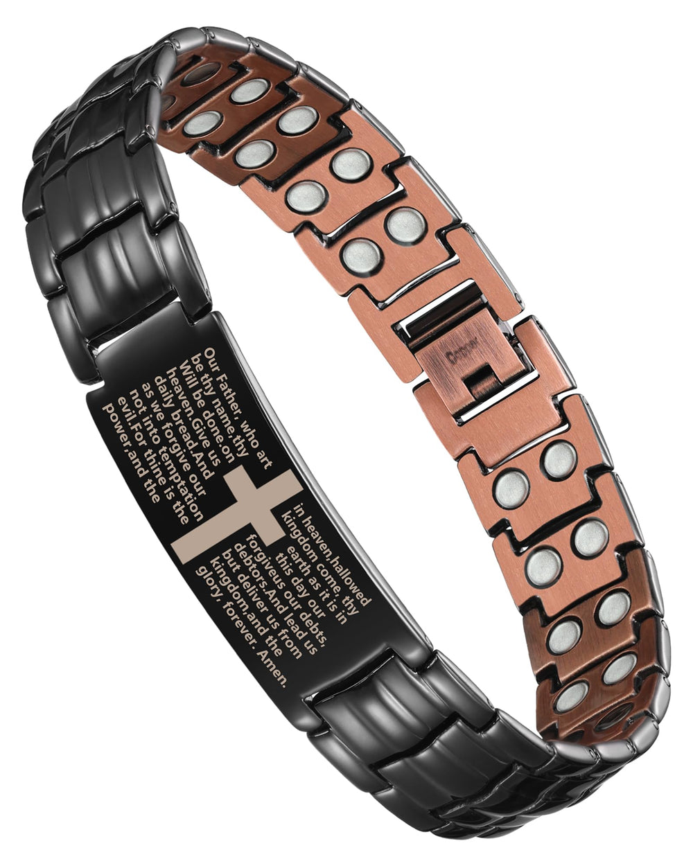 Jecanori 2X Copper Magnetic Bracelet front view with bold cross design and polished finish