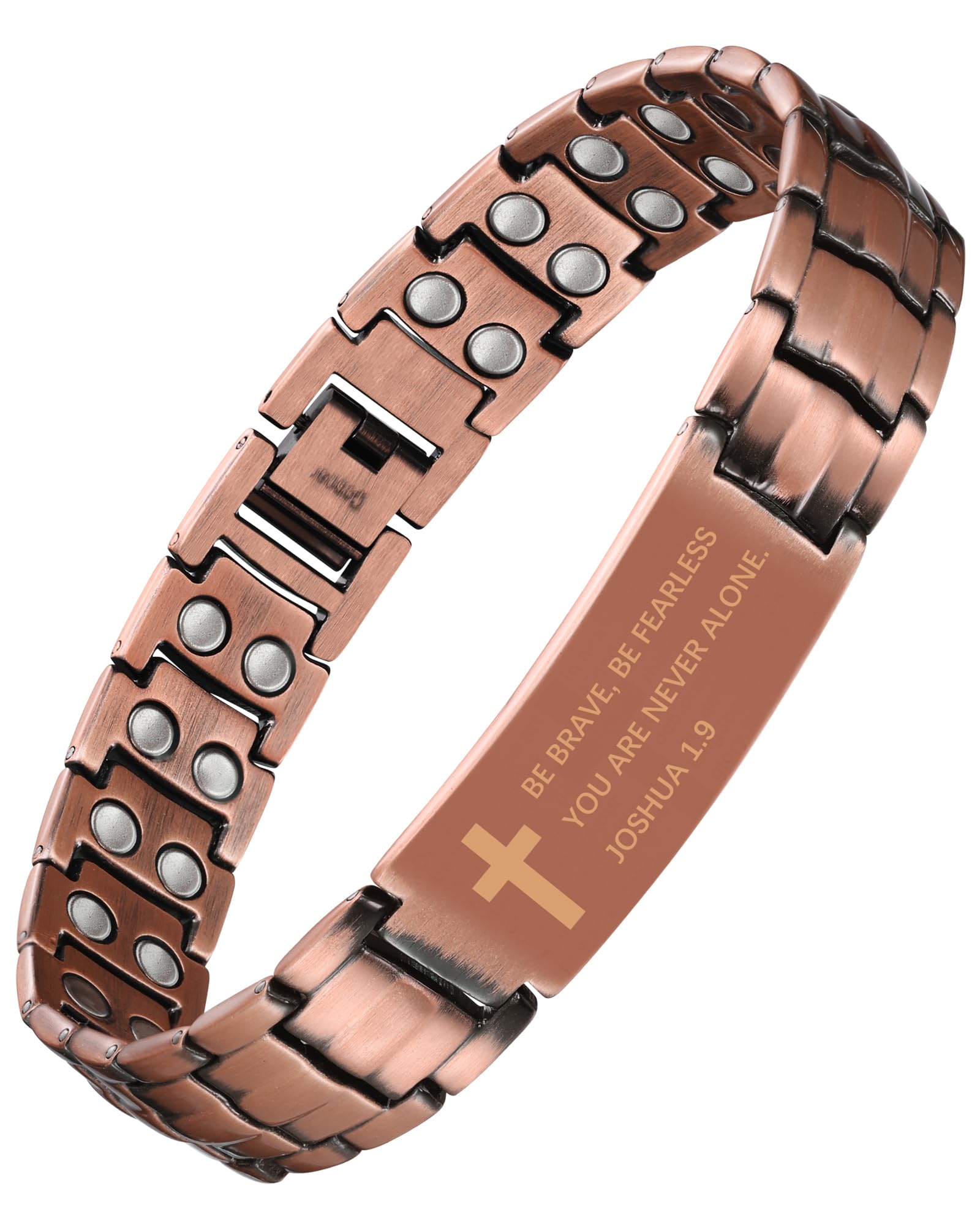 Jecanori 2X copper magnetic bracelet front view with bold cross design and magnetic strength