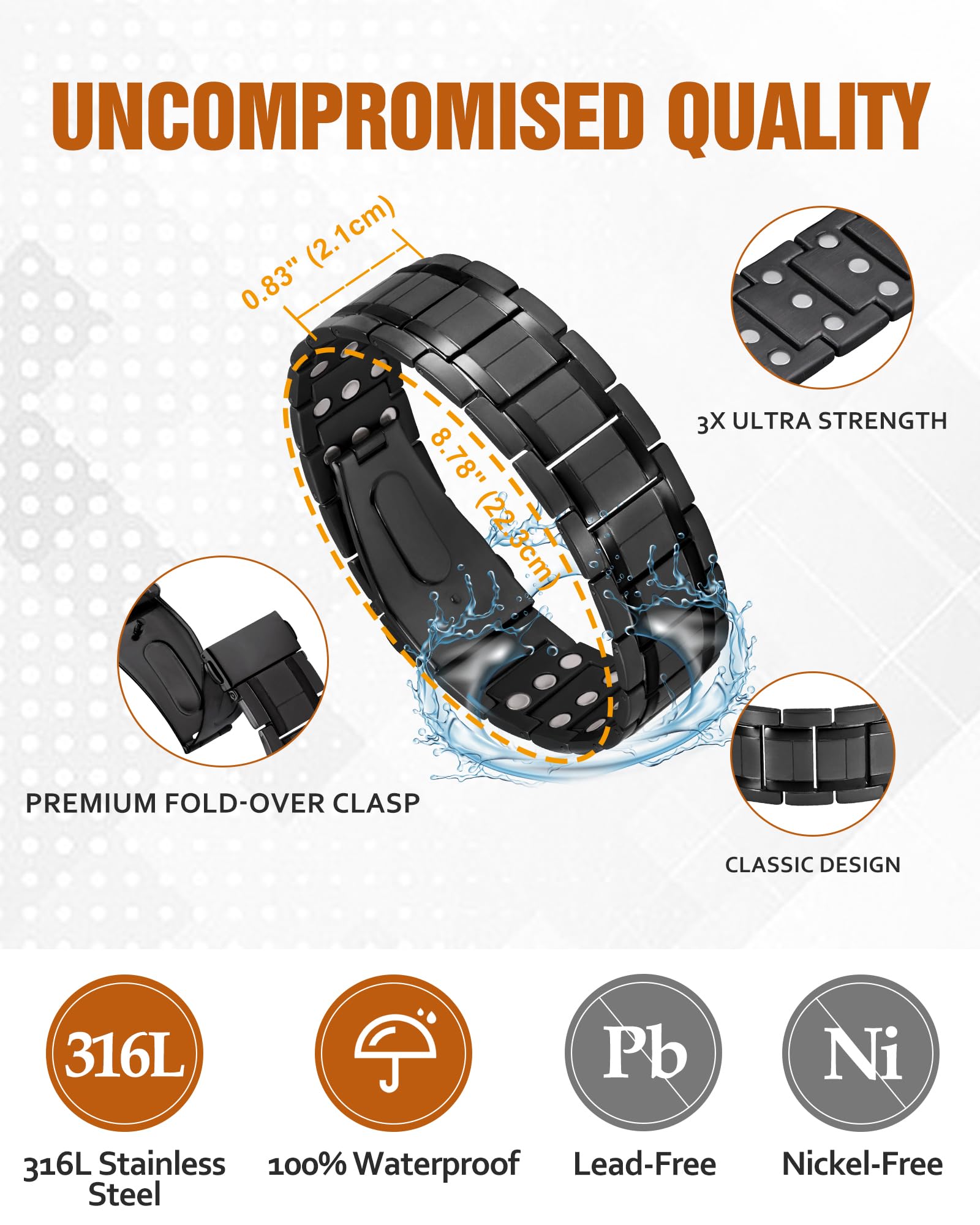 Jecanori 3X magnets close-up highlights three magnets per link for strong everyday use.