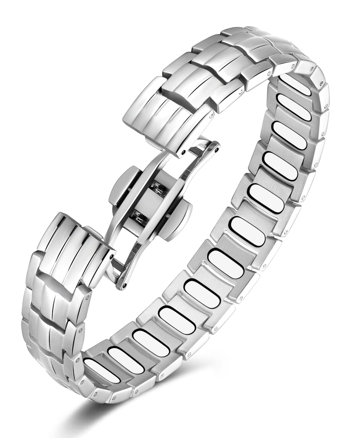 Jecanori 5X-strength magnetic bracelet in silver, close-up detail for daily wear
