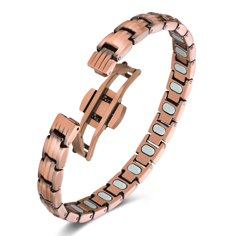 Jecanori 5x strength magnetic copper bracelet worn on wrist highlighting elliptical magnets for daily balance