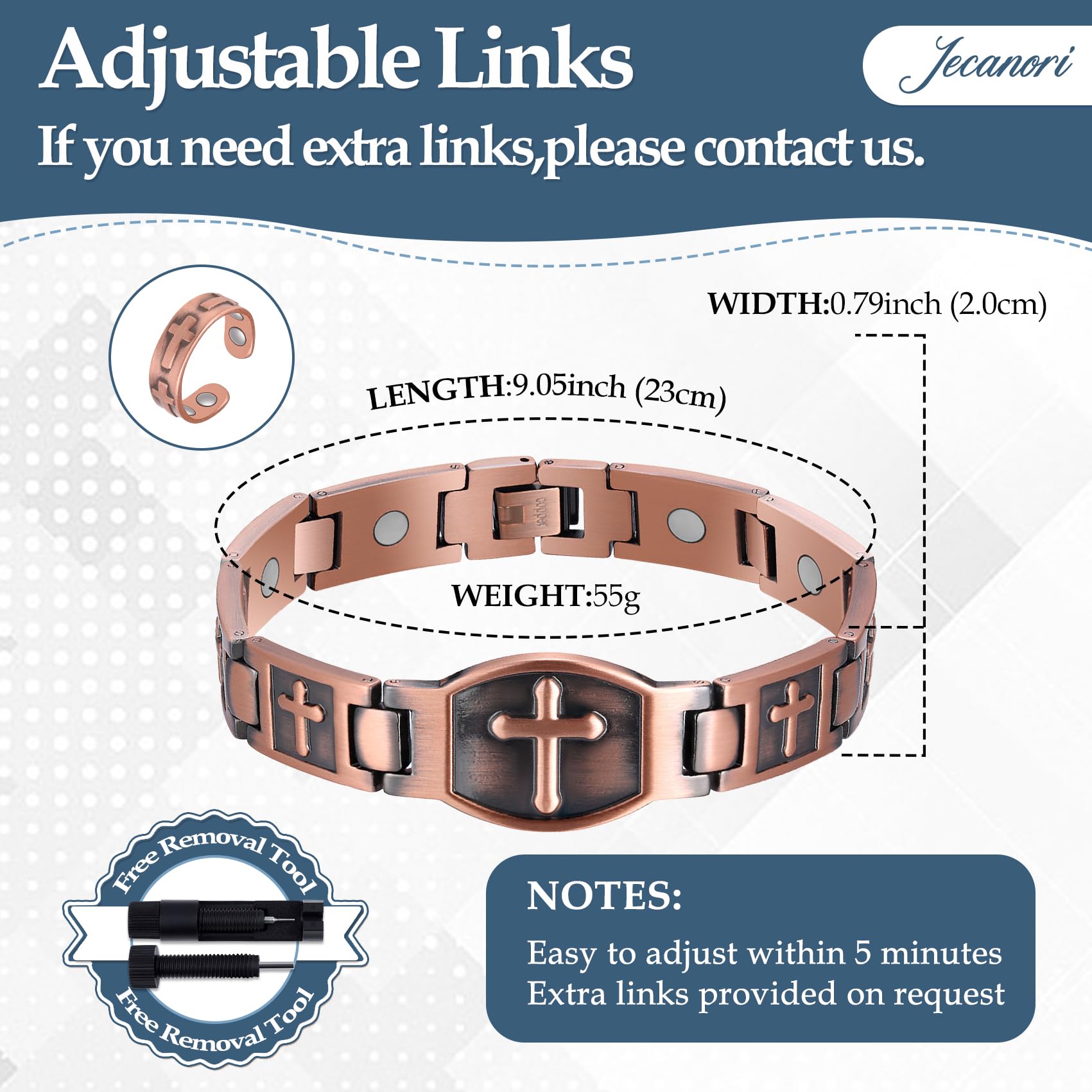 Jecanori Adjustable men's bracelet with sizing tool for a precise fit.