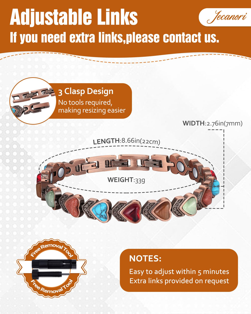Jecanori bracelet shows 3800 Gauss magnets detail